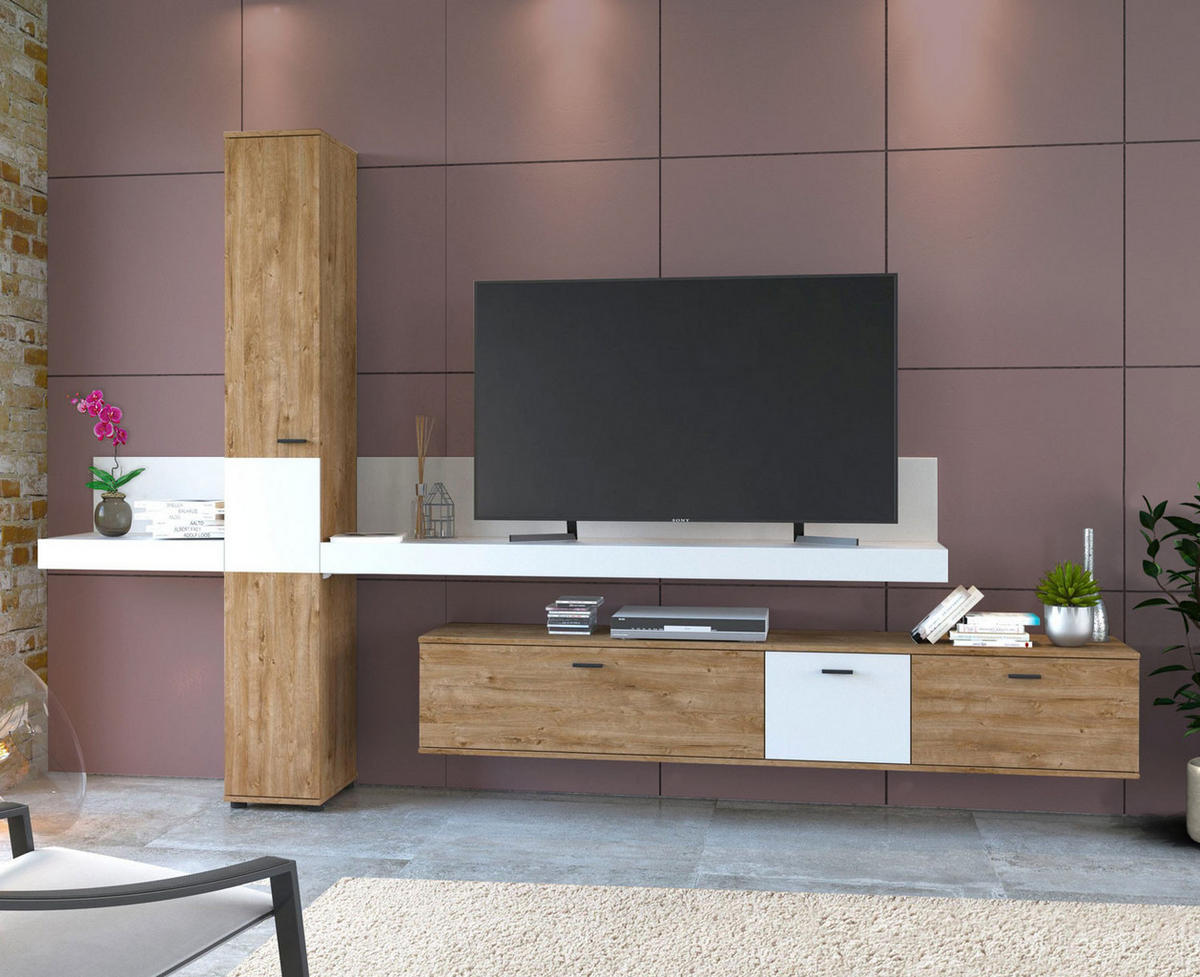 WOHNWAND Kumara 4-teilig Eiche Ribbeck / weiß 319 / 40 / 202,5cm - Eichefarben/Multicolor, Holz/Holzwerkstoff (319/202.5/40cm) - Feldmann-Wohnen