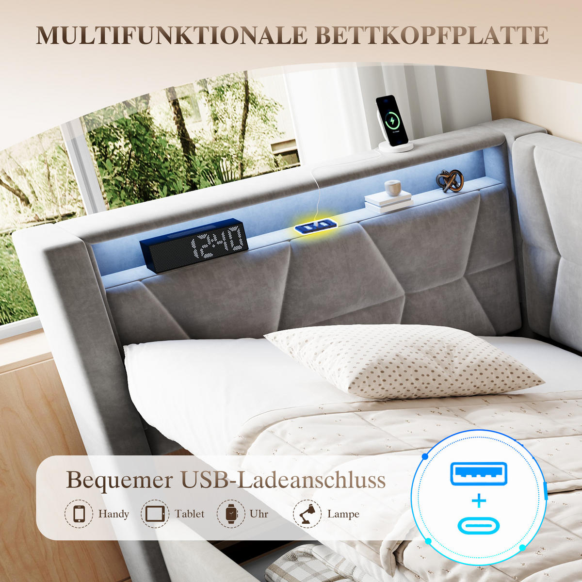 BOXBETT 90/200cm, LED/USB-C, Bettkasten, Lattenrost, Dunkelgrau - Dunkelgrau, Holz/Metall (90/200cm) - LVHOM