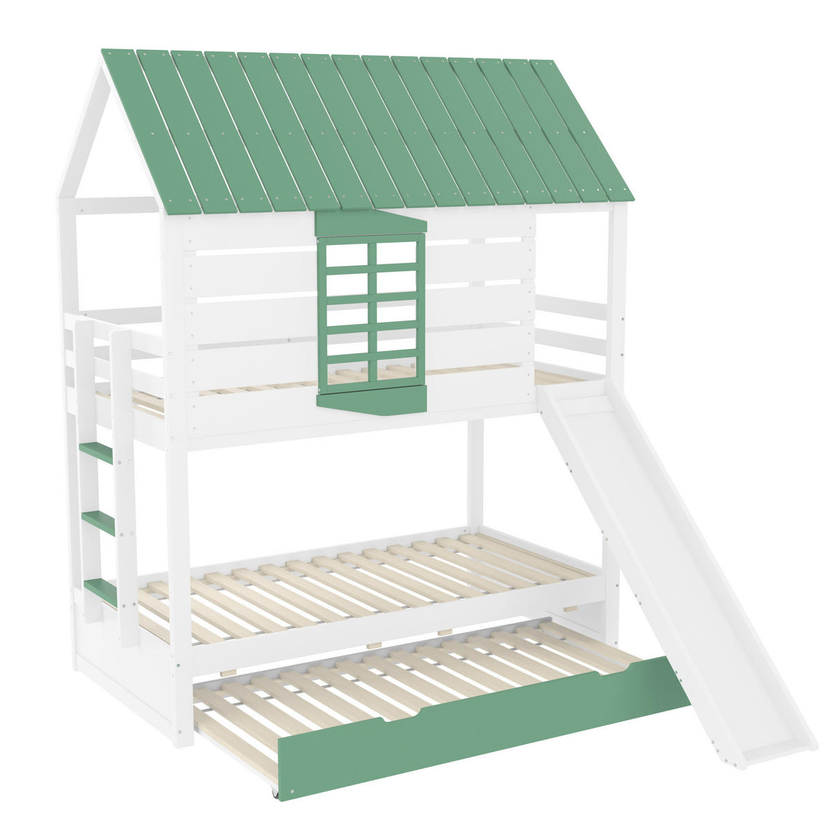 POSCHODOVÁ posteľ 90/200 cm biela/zelená s prístelkou a šmykľavkou z MDF a borovice - biela/zelená, kompozitné drevo (90/200cm) - OKWISH