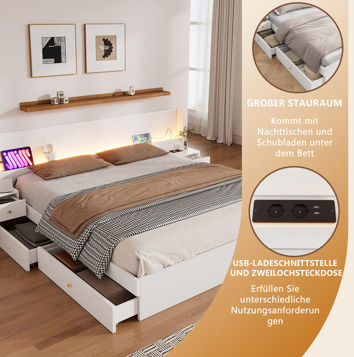 DOPPELBETT aus MDF 180x200 cm Weiß mit LED-Beleuchtung, USB-Anschlüssen, Steckdosen und Stauraum - Weiß, Holzwerkstoff (180/200cm) - IVMEU