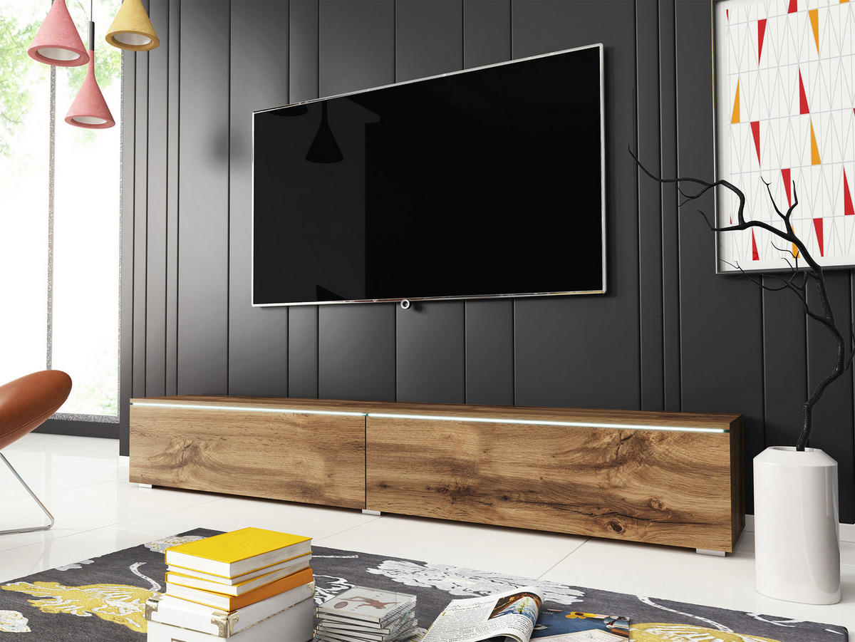 TV-LOWBOARD D180 mit weißer LED Beleuchtung - Silberfarben/Eiche Wotan, Holzwerkstoff/Kunststoff (180/30/33cm) - MIRJAN24