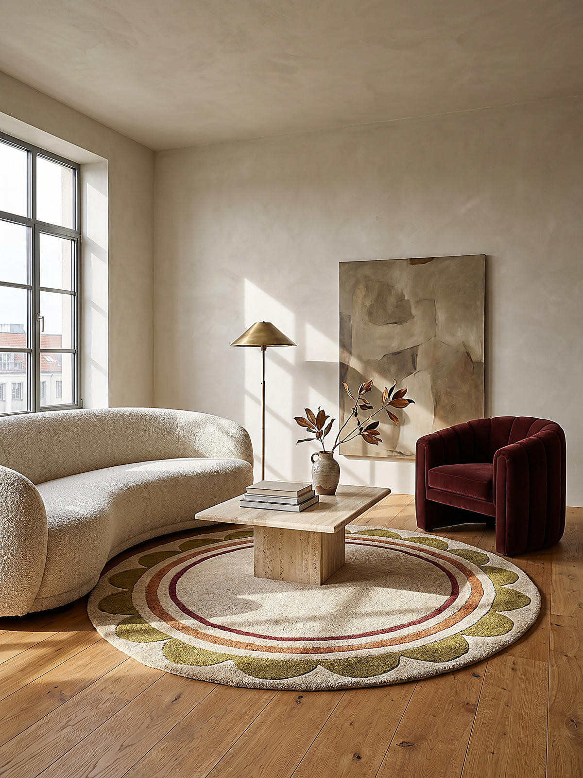 WOLLTEPPICH handgetuftet WENSUM, Scallop-Bordüre, Beige-Multicolor, Ø 120 cm - Beige, Textil (120/120cm) - KADIMA DESIGN