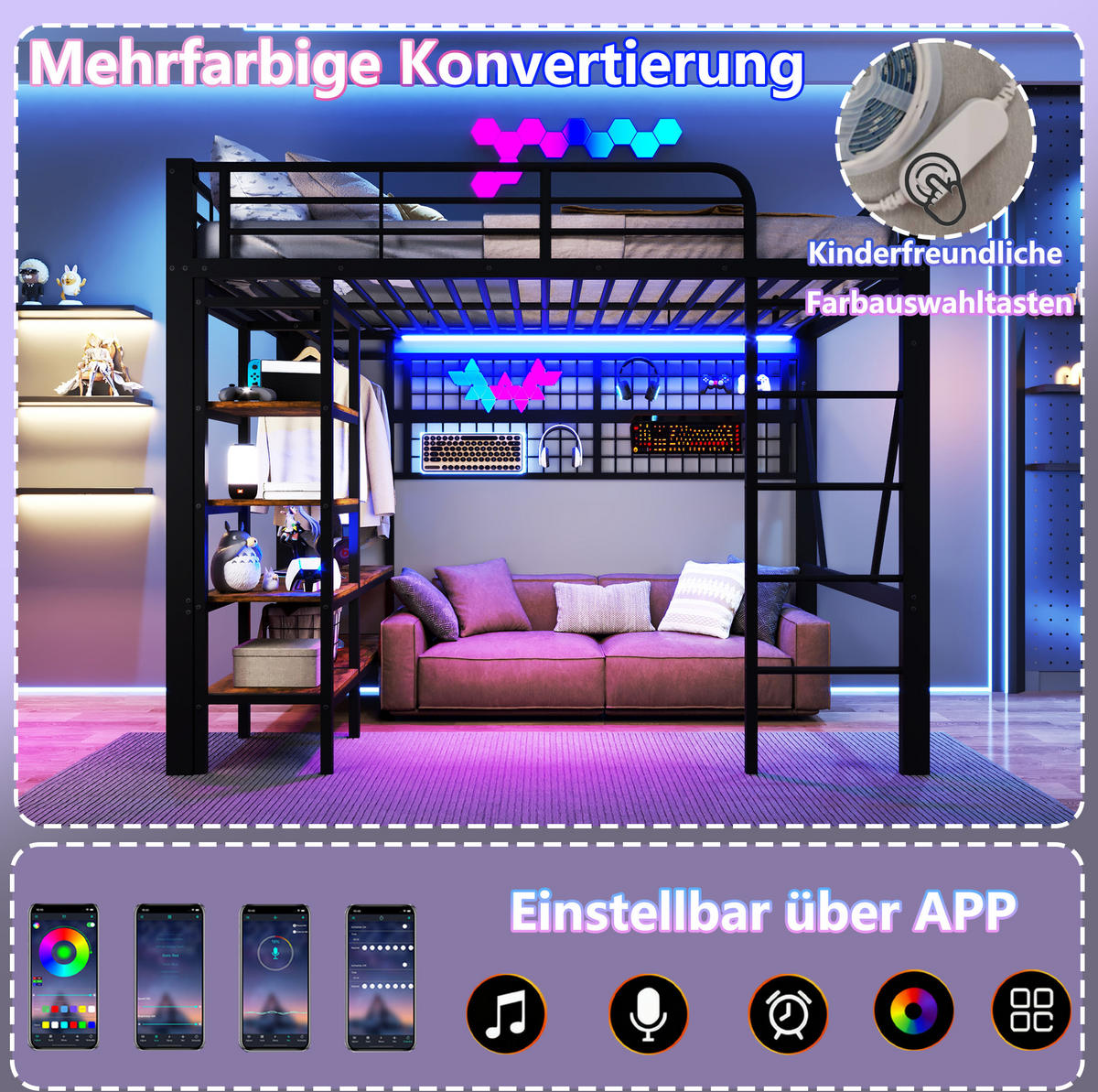 HOCHBETT 140/200 cm Schwarz aus Metall mit LED-Lichtleiste - Schwarz, Metall (140/200cm) - OKMYHOME