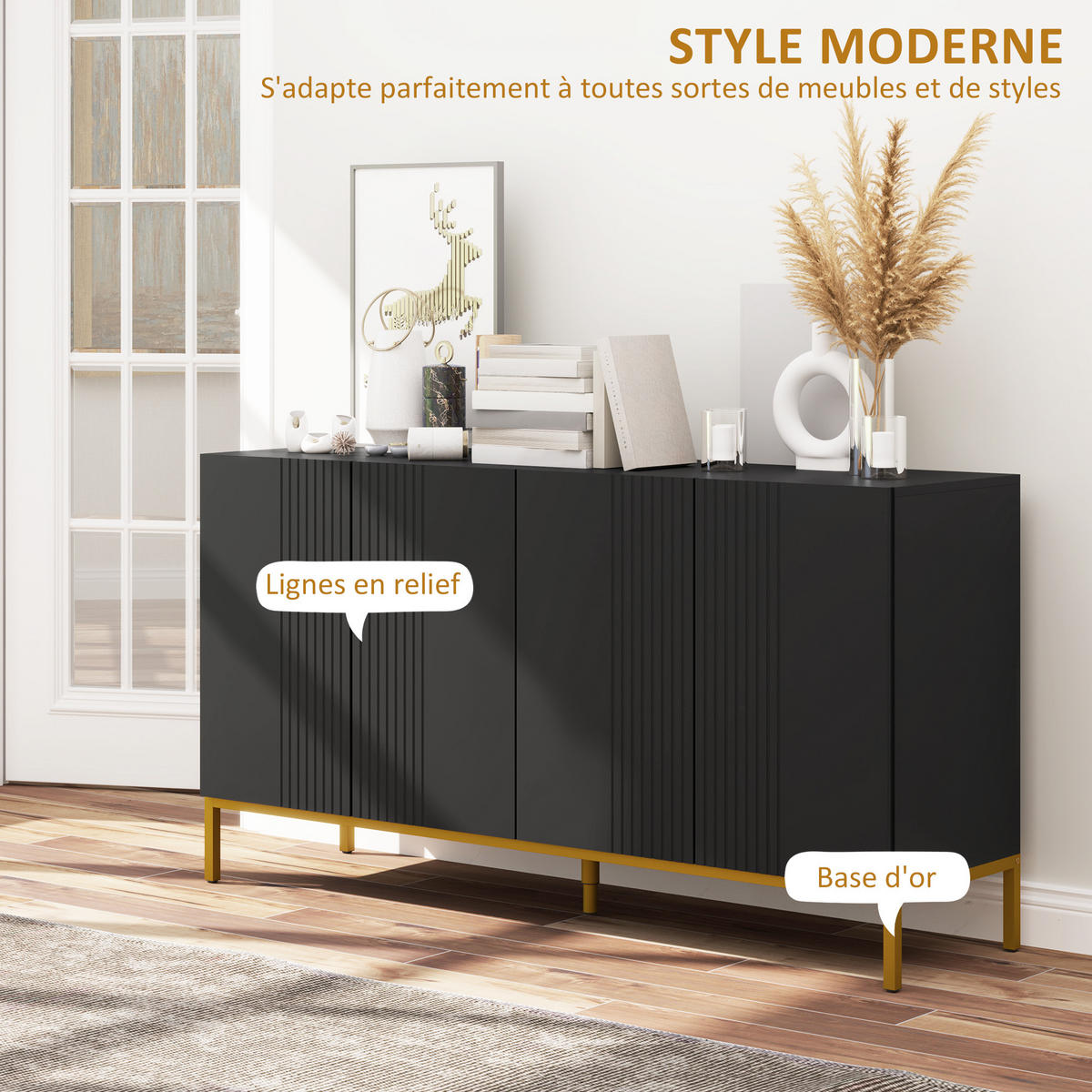 SIDEBOARD Schwarz und Goldfarben, 4 Türen, 140/40/75 cm - Schwarz, Holz (140/75/40cm) - PANGIVO