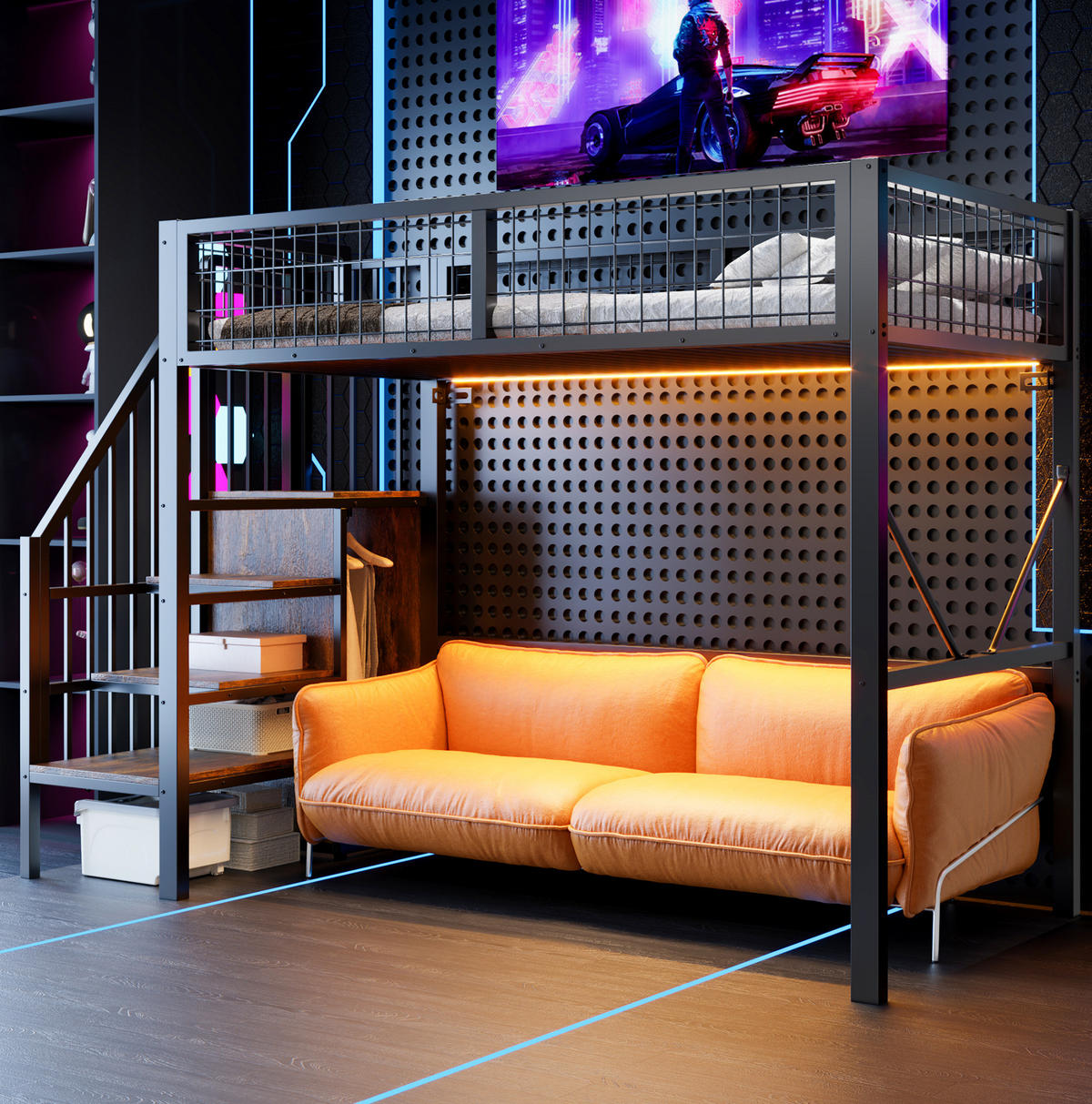 HOCHBETT aus Metall und Holz 90x200 cm Schwarz mit Stauraumleiter und LED-Beleuchtung - Schwarz, Metall (90/200cm) - Modfu
