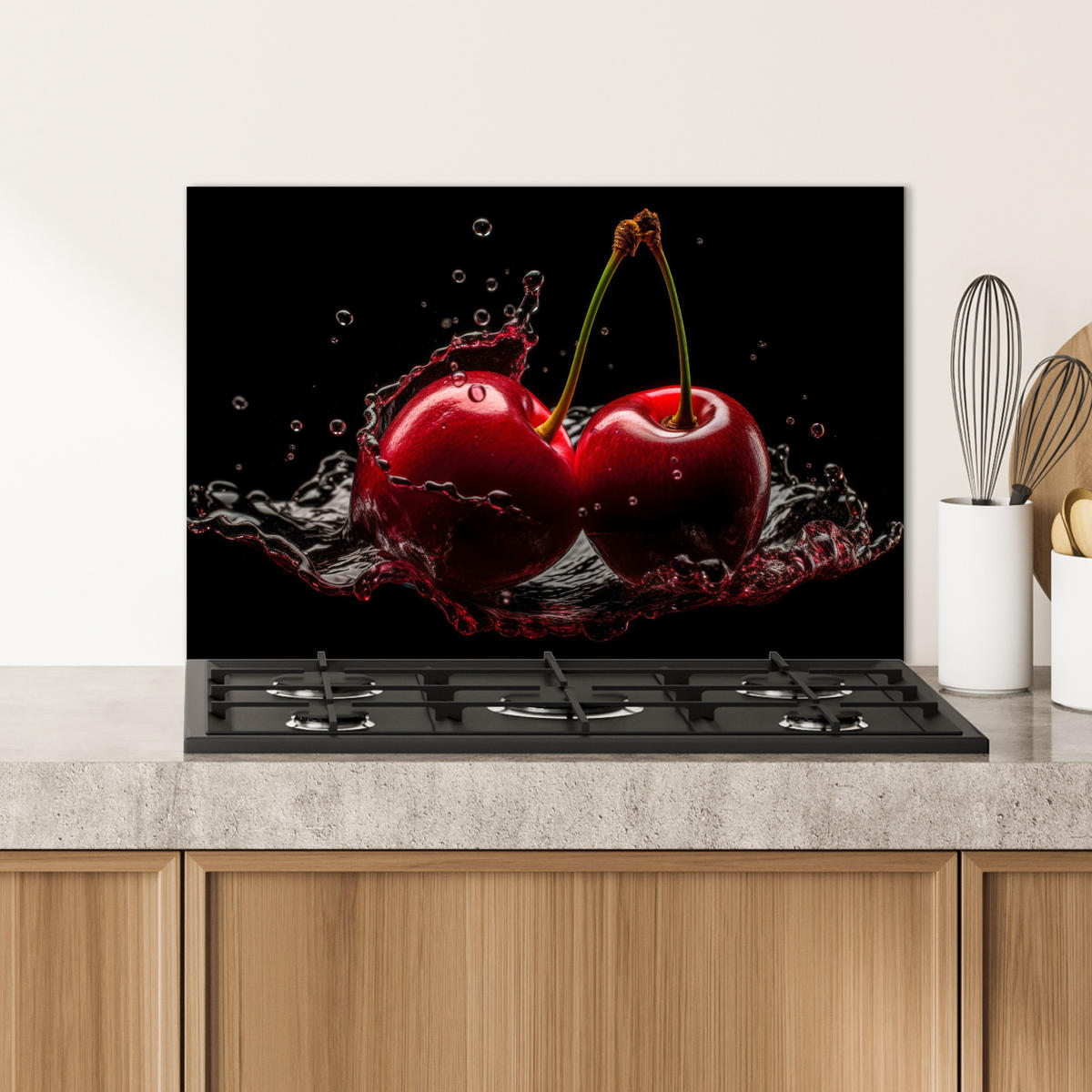 SPRITZSCHUTZ KÜCHE Kirsche - Rot - Frucht - Wasser - Schwarz 60x40 cm - Kirschrot, Metall (60/0.3/40cm) - MuchoWow