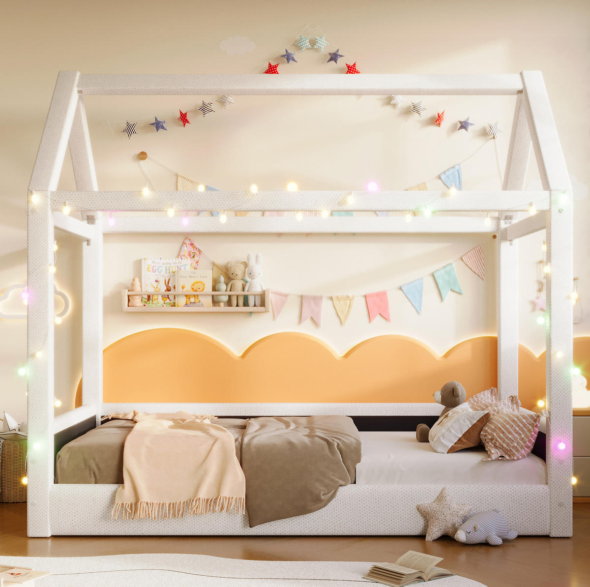 DETSKÁ posteľ z MDF 90x200 cm béžová, čalúnená, s LED osvetlením a dizajnom domčeka - béžová, textil (90/200cm) - Modfu