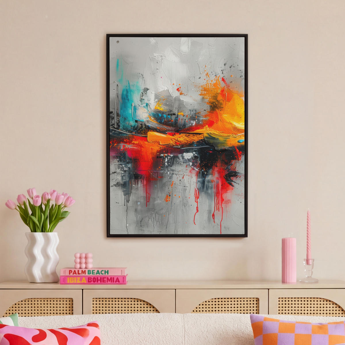 LEINWAND Bilder mit Rahmen - Moderne Kunst - Orange - Grau - Abstrakt - 60x90 - Hellgrau, Textil (60/90cm) - MuchoWow