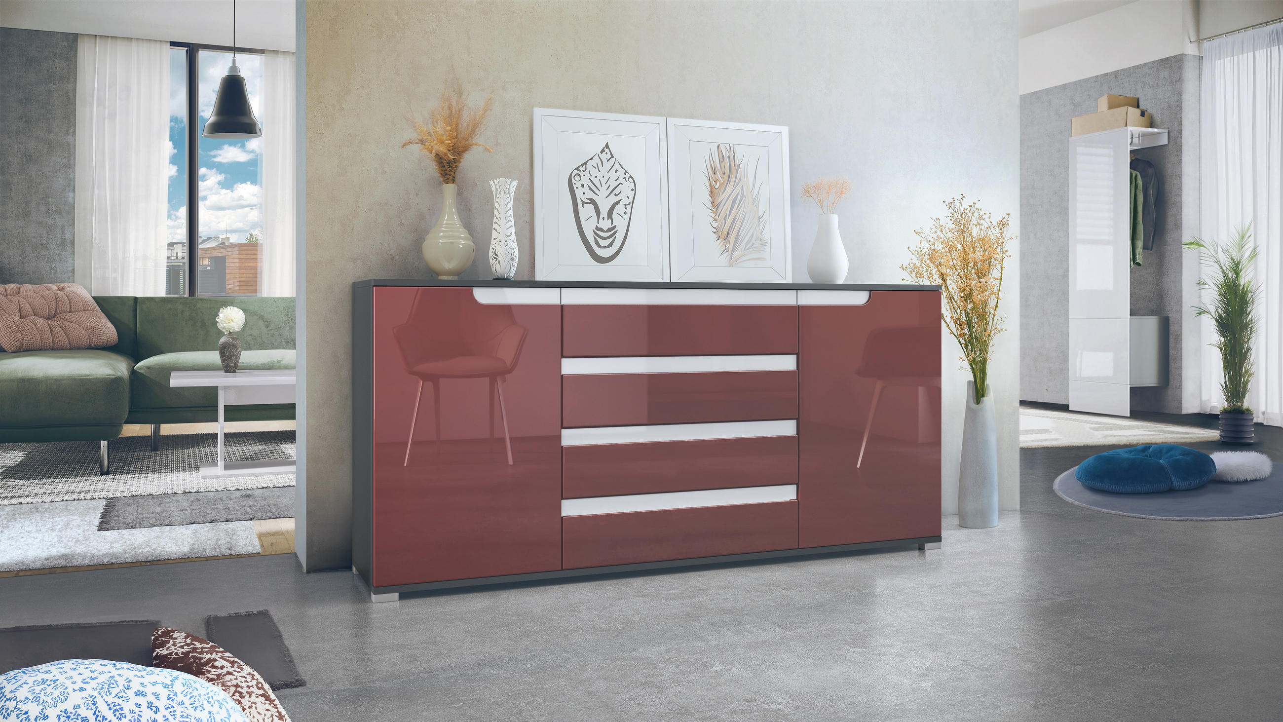 SIDEBOARD Sylt Bordeaux Hochglanz / Weiß Hochglanz - Bordeaux, Holzwerkstoff (166.5/75.5/35cm) - Vladon