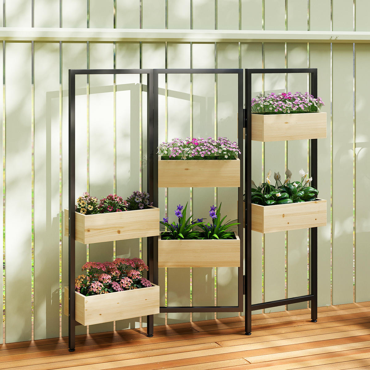 BLUMENTREPPE aus Tannenholz & Stahl, Schwarz - Naturfarben, Holz/Metall (20/112/116cm) - Outsunny