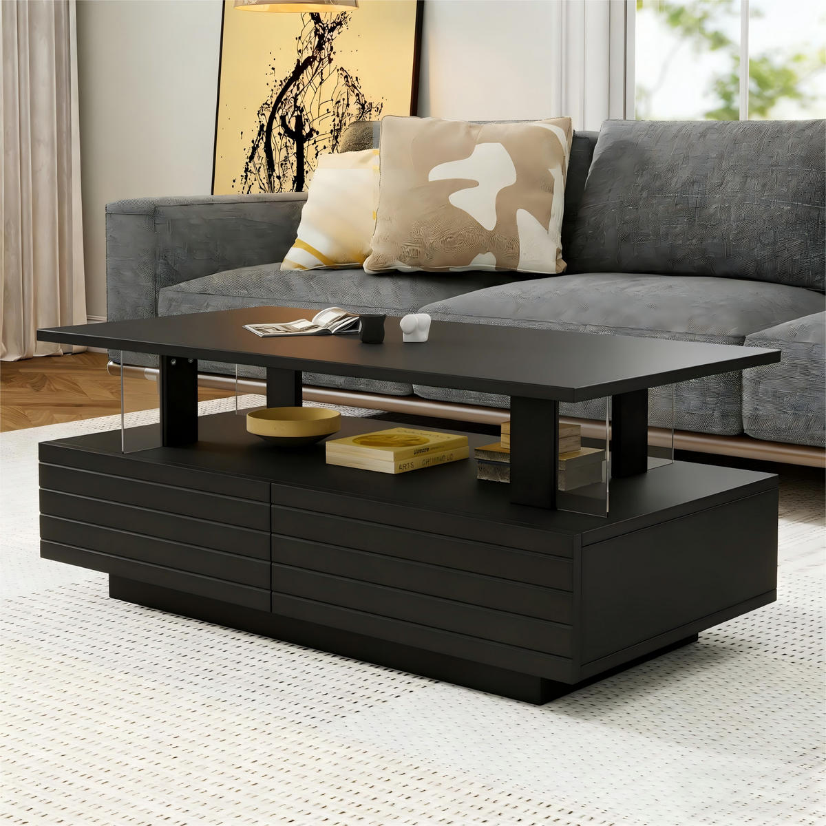 COUCHTISCH in Schwarz Wohnzimmertisch mit Schubladen, LED, B100/T50/H42.5cm - Schwarz, Kunststoff (50/100/42.5cm) - STILVORA