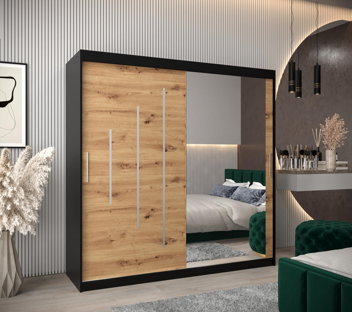 SCHWEBETÜRENSCHRANK 200/200/62 2-türig - Silberfarben/Schwarz, Holz/Kunststoff (200/200/62cm) - Abiks Möbel