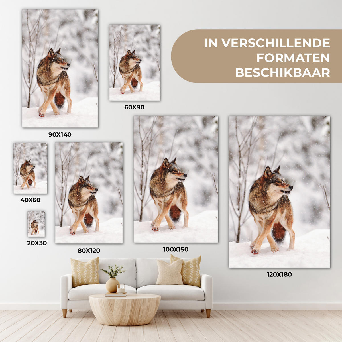 LEINWANDBILD Wolf - Winter - Schnee - Natur - Tiere 80x120 cm - Haselnussfarben, Textil (80/120cm) - MuchoWow