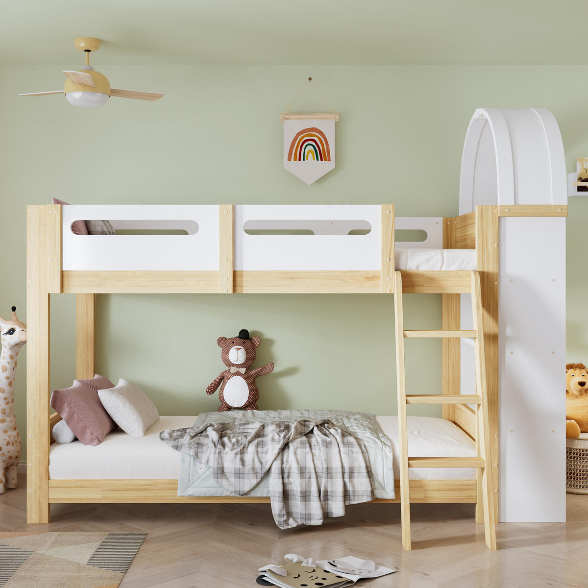 ETAGENBETT 90/200 cm Weiß+Natur mit dreistufigem Regal und sicherem Bettgitter aus Kiefer und MDF - Naturfarben, Holzwerkstoff (90/200cm) - OKWISH