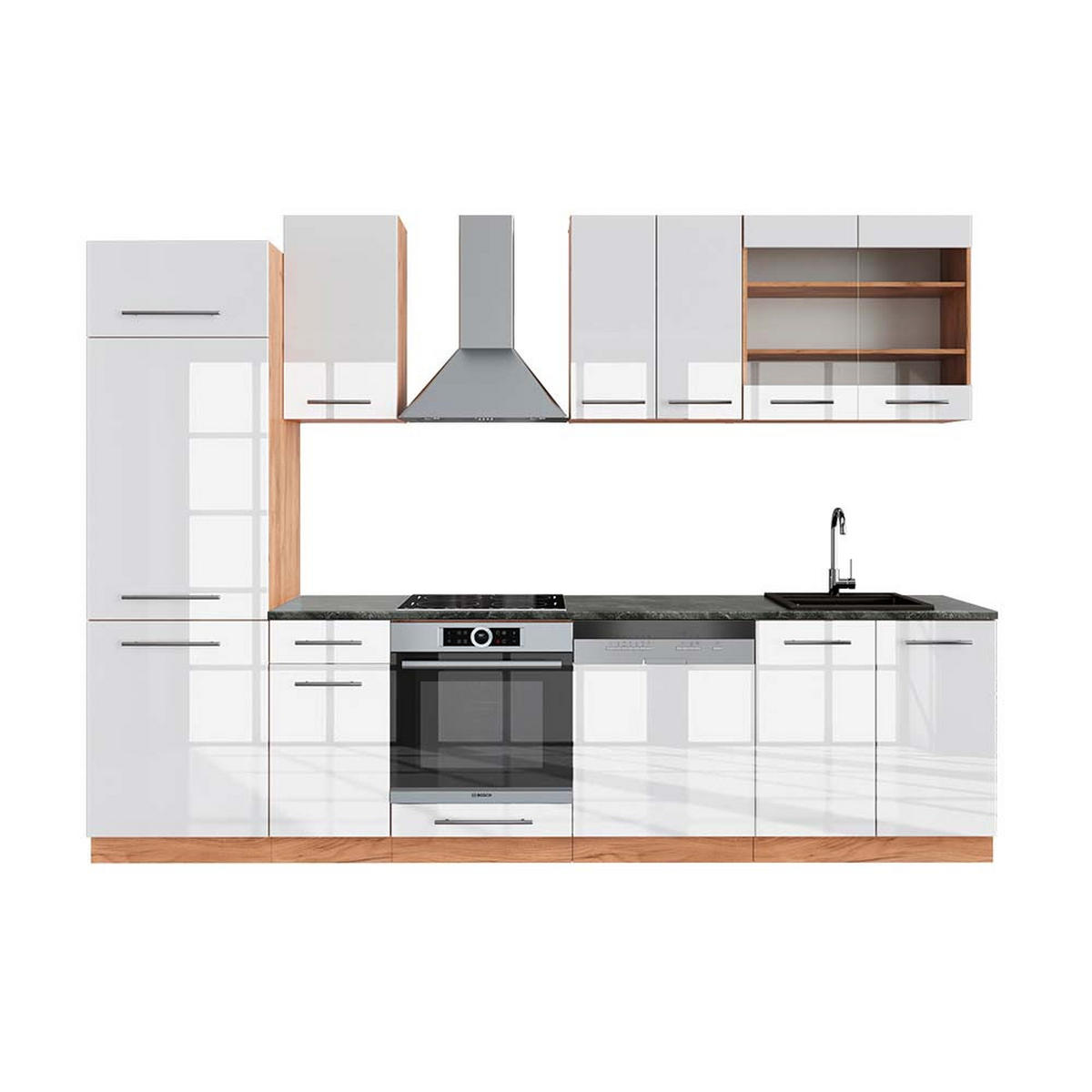 KÜCHENZEILE Fame-Line Weiß Hochglanz/Goldkraft Eiche 300 cm AP Anthrazit - Honigeiche/Weiß Hochglanz, Holzwerkstoff (300/81.6/60cm) - Vicco