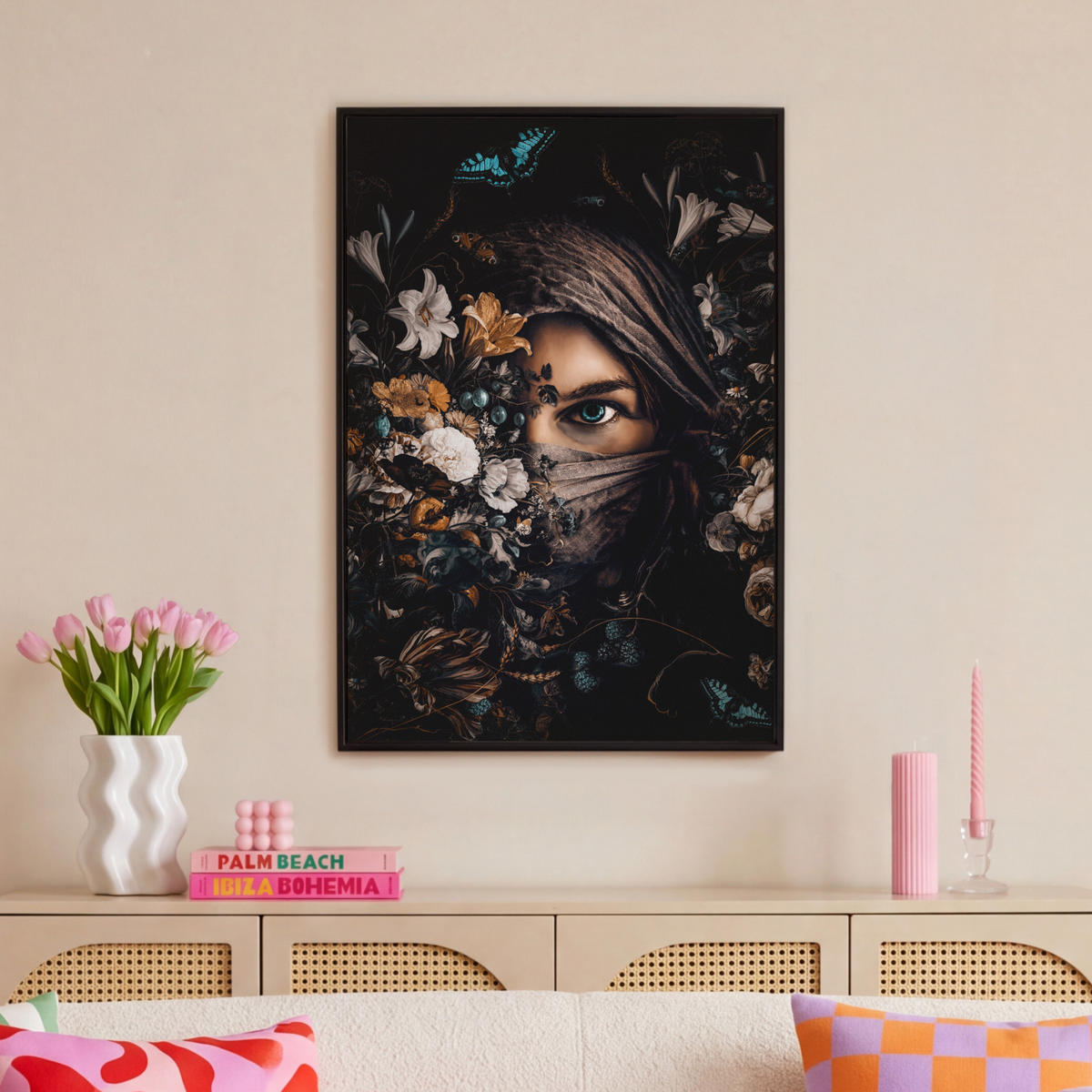 LEINWAND Bilder mit Rahmen - Frau - Luxus - Blumen - Schmetterling - Porträt - 60x90 - Schwarz, Textil (60/90cm) - MuchoWow