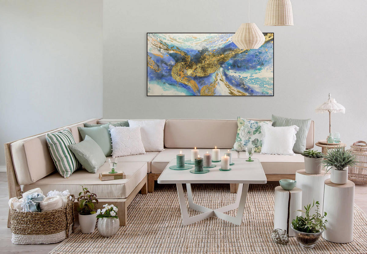 ACRYLBILD HANDGEMALT 120/60 cm - Blau/Goldfarben, Holz/Textil (1.68/60cm) - KUNSTLOFT
