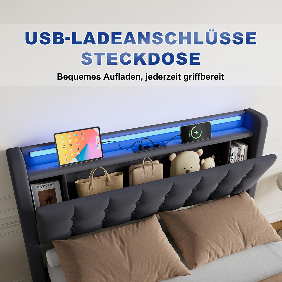 POLSTERBETT 140/200 cm mit Stauraum und Steckdose, mit Schubladen, ohne Matratze - Grau, Holzwerkstoff/Textil (140/200cm) - STILVORA