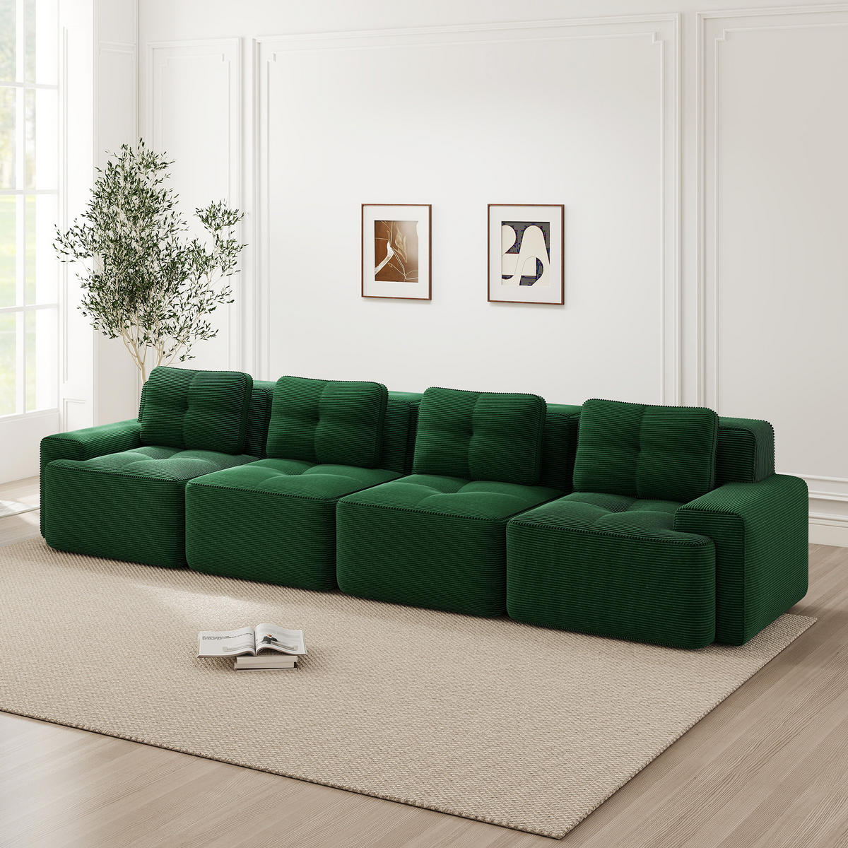 4-SITZER SOFA Cord Grün rutschfest und modular - Grün, Textil (382/69/104cm) - WISHDOR