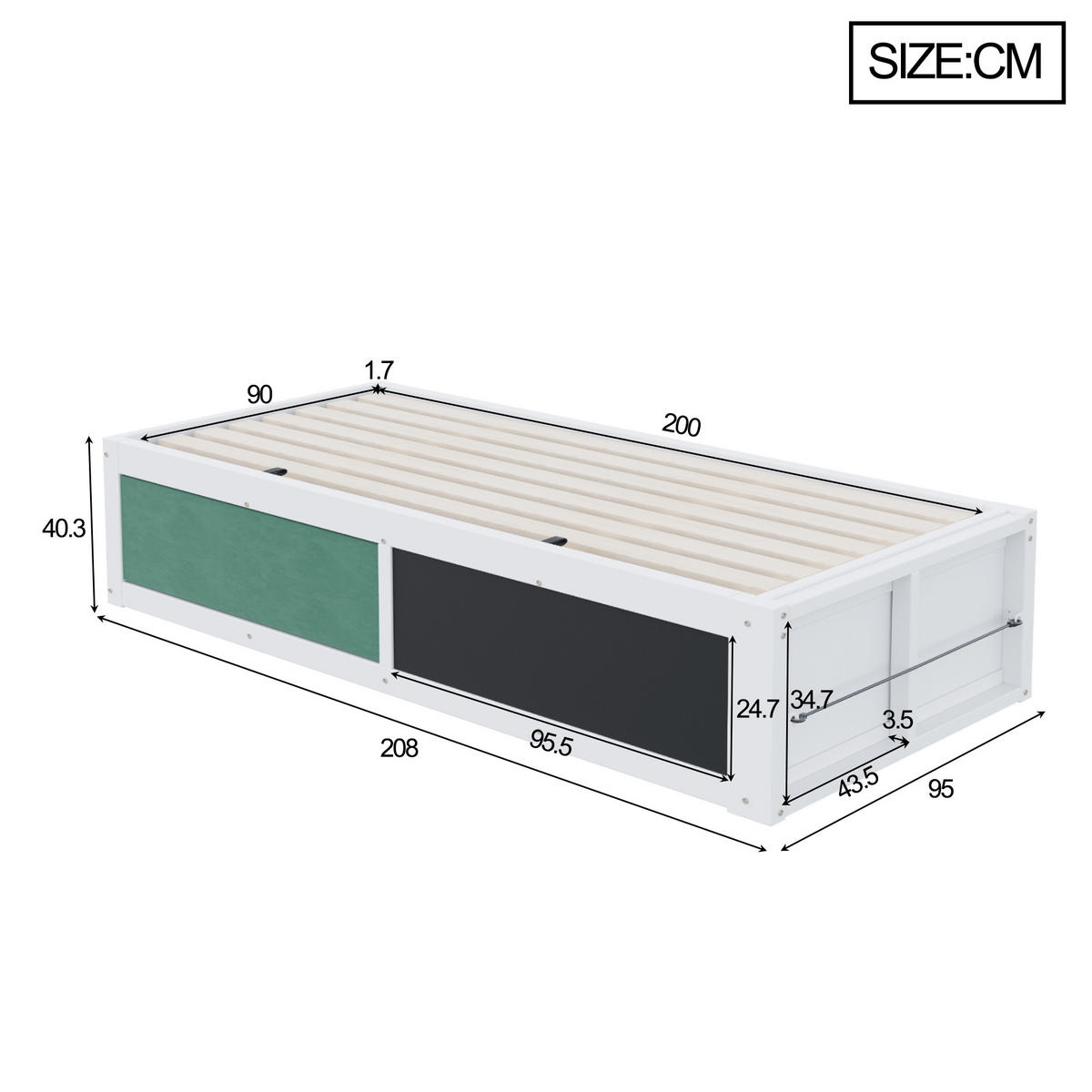 KINDERBETT 90/200 cm Weiß mit hydraulischem Stauraum und Kreidetafel - Weiß, Holzwerkstoff (90/200cm) - OKWISH