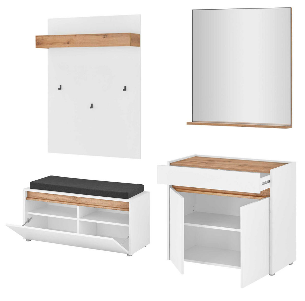 GARDEROBE 5-teilig Set weiß, Eiche Wotan 190 cm, viel Stauraum - Silberfarben/Eiche Wotan, Glas/Holzwerkstoff (190/200/40cm) - Furn.Design