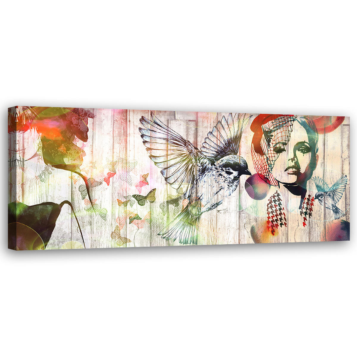 WANDBILD frau vögel und schmetterlinge - Beige, Textil (90/30cm) - Feeby