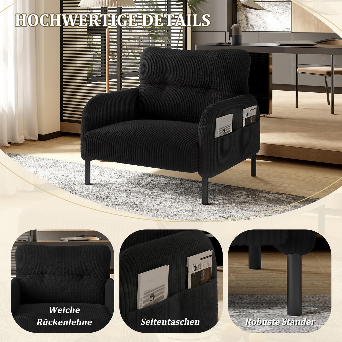 SESSEL Cord Schwarz mit Seitentasche - Schwarz, Textil/Metall (67/79/75cm) - WISHDOR
