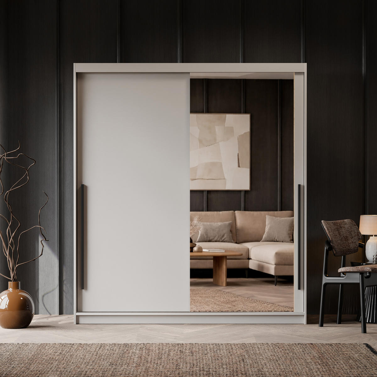 SILENTE 180 cm Schiebetürenschrank mit Einlegeböden und Kleiderstange - Beige, Holzwerkstoff (180/205/60cm) - Idohome