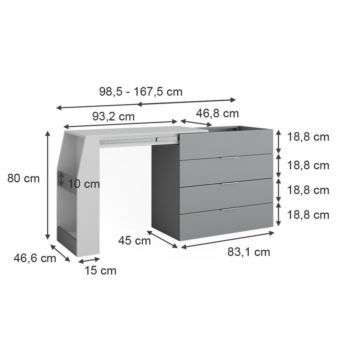 BASTELTISCH Iva Grau 95.5 x 80 cm ausklappbar, 4 Schubladen - Grau, Holzwerkstoff (47/95.5/80cm) - Vicco
