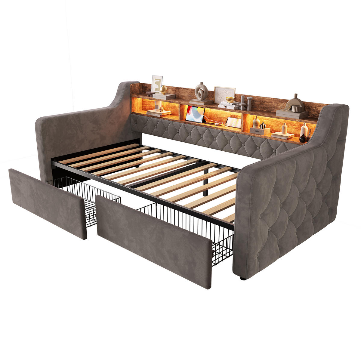 TAGESBETT 90/190 mit Schubladen & Regal, USB-C Ladeanschlüsse/LED, Samt, Dunkelgrau - Dunkelgrau, Holz (90/190cm) - LVHOM