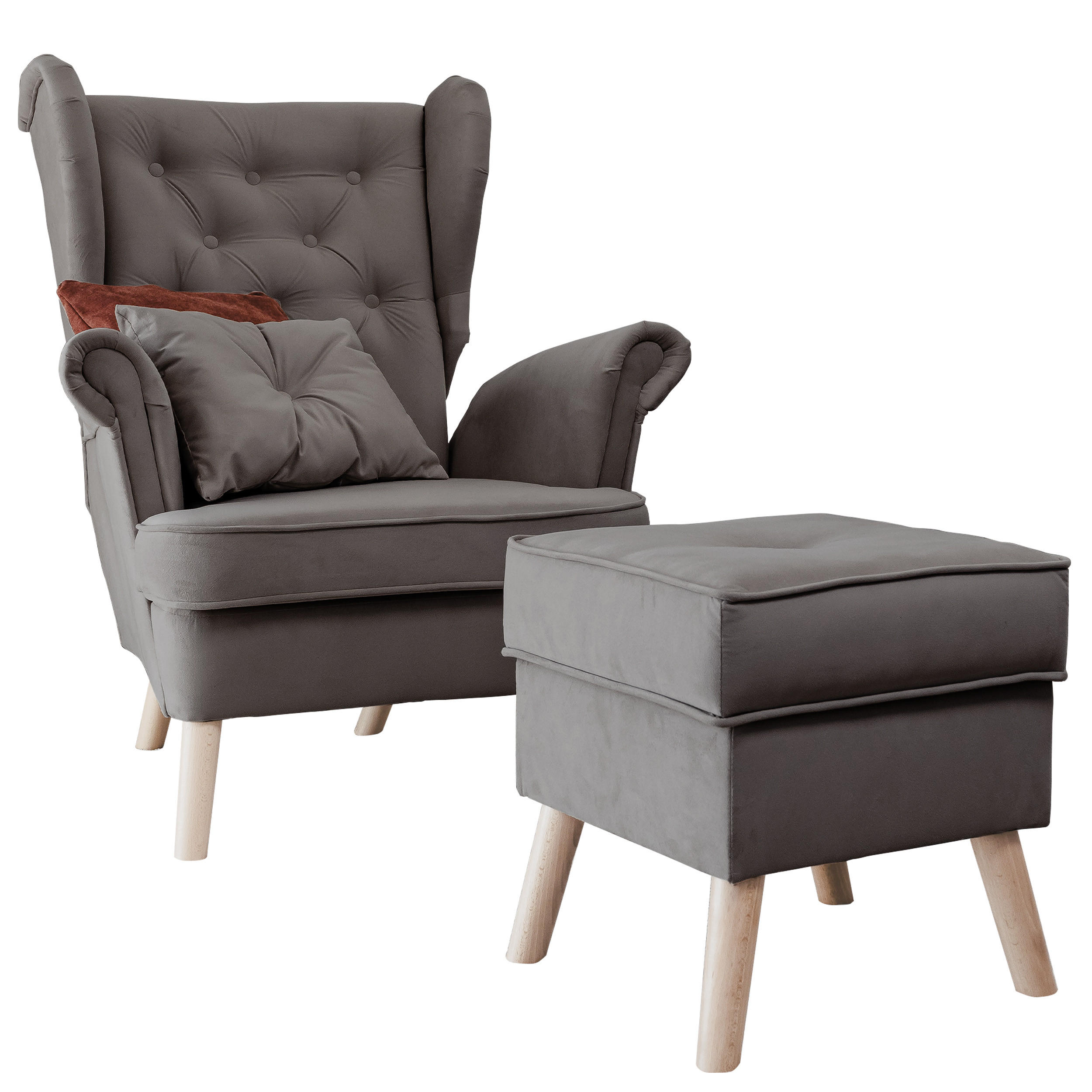 SESSEL mit Fußhocker Classic - Grau, Holz (92/107/80cm) - Idohome