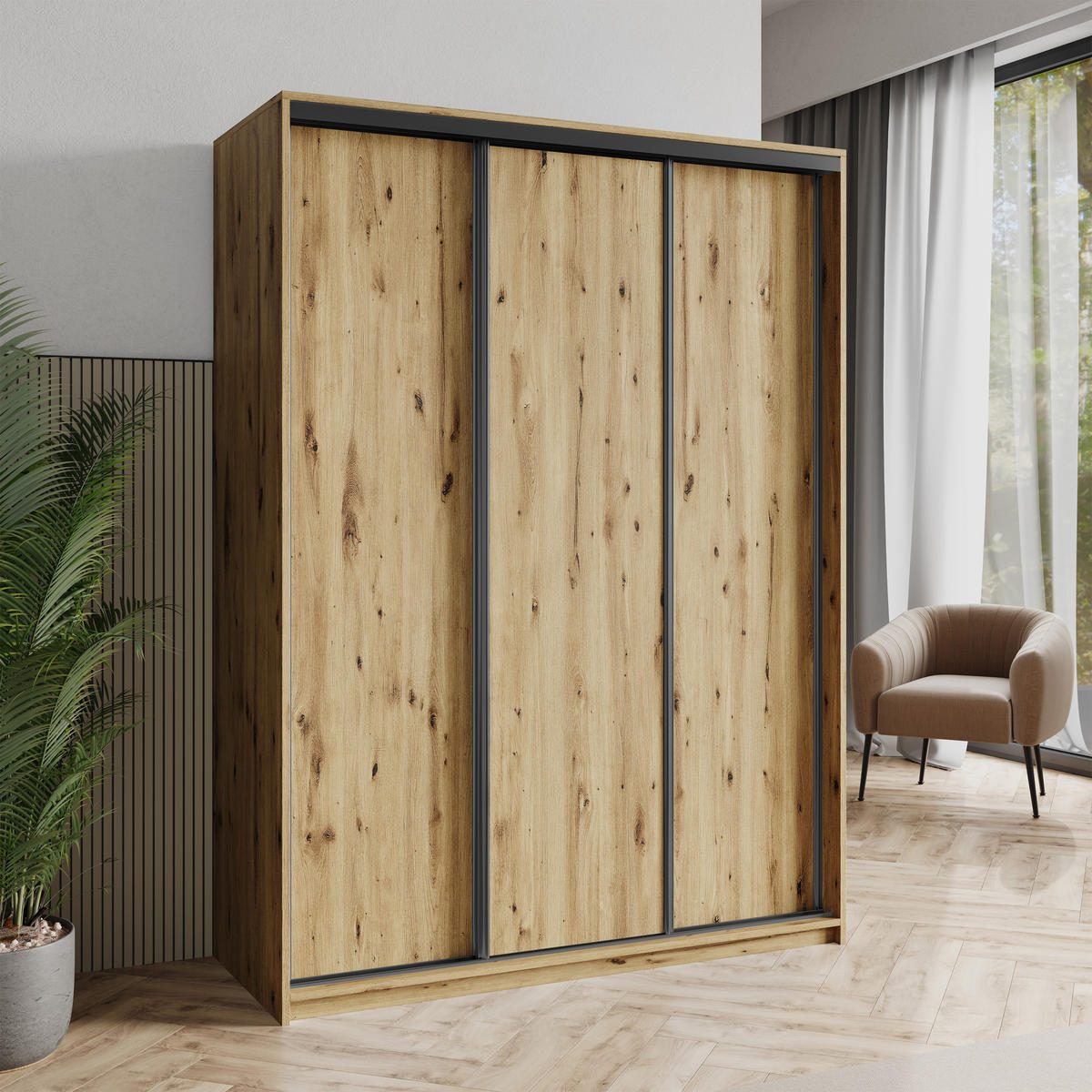 SCHWEBETÜRENSCHRANK NISSE 150/205/60 cm 3-türig Eiche Artisan - Eiche Artisan, Holzwerkstoff (150/205/60cm) - MASSENO