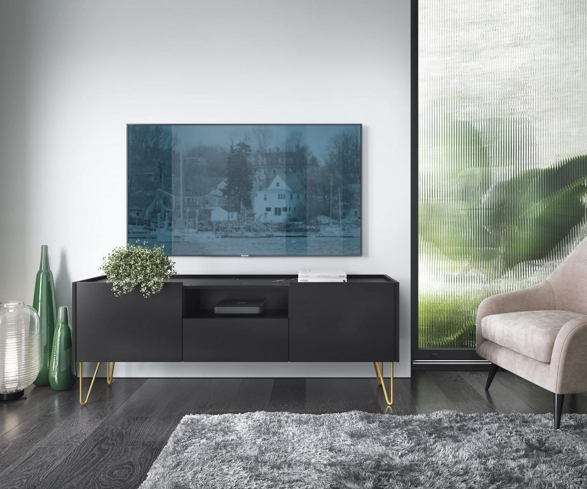 TV-SCHRANK Armon 144x55x37 cm - Lowboard mit Stauraum - Tv Ständer aus Laminierter Spanplatte - Schwarzer Graphit - Schwarz, Holzwerkstoff (154/56/39cm) - Chilly