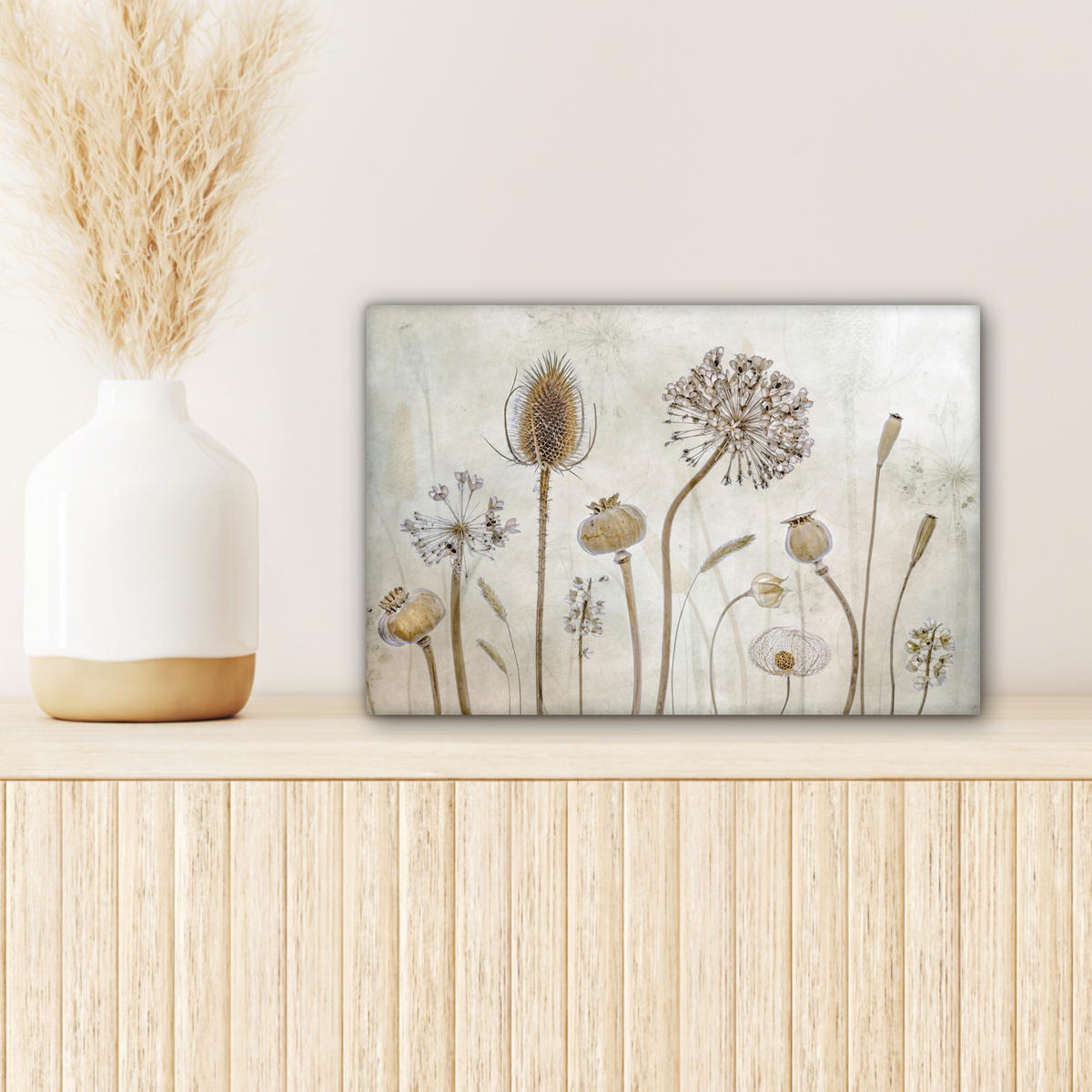 LEINWANDBILD Blumen - Aquarell - Stilleben - Braun - Vintage Deko Schlafzimmer 30x20 cm - Beige, Textil (30/20cm) - MuchoWow