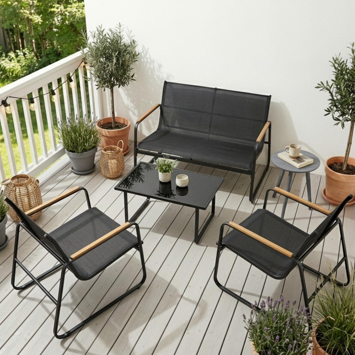 GARTENLOUNGE-SET mit 2-Sitzer-Sofa, zwei Sesseln und Couchtisch - Schwarz, Metall - Home Collective