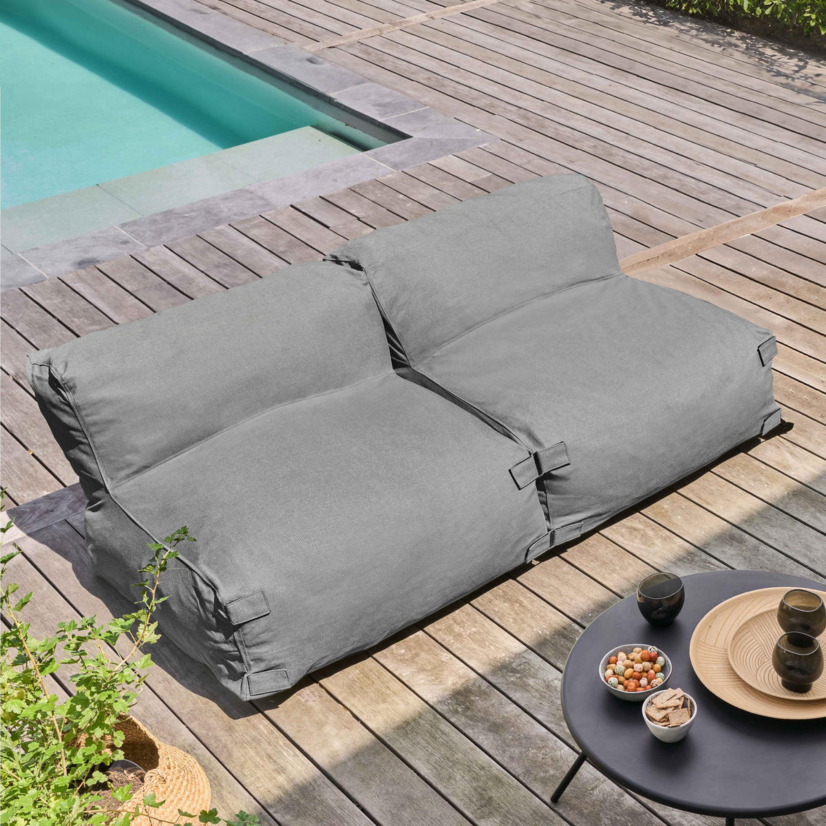 GARTENSOFA mit 2 Sitzplätzen, Grau - Grau, Textil - Oviala