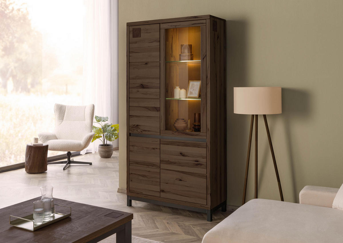 VITRINE Kernbuche 103x40x205 tabacco braun geölt VILLANDERS #201 - Dunkelbraun, Holz (103/205/40cm) - Massivmoebel24