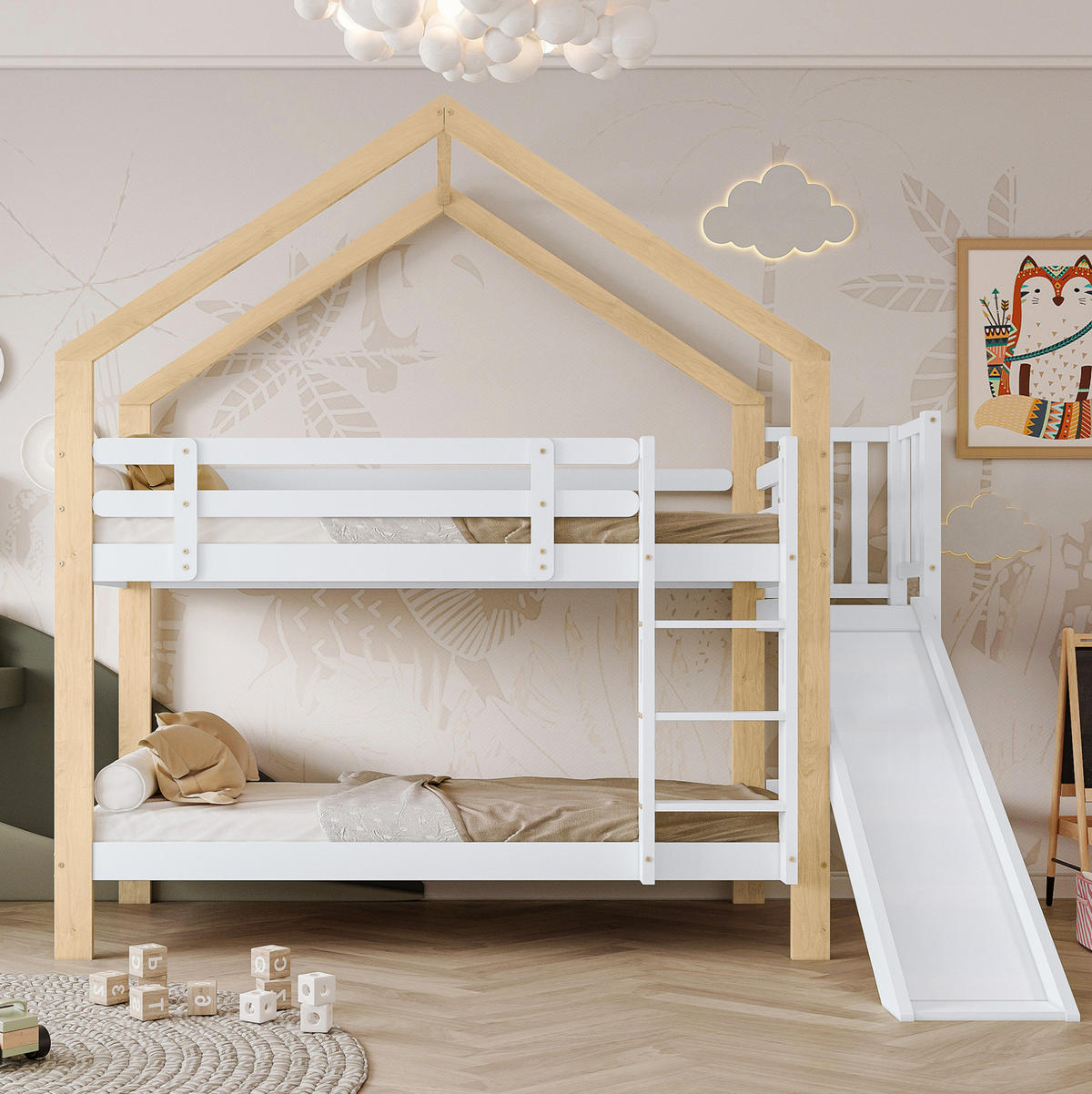 ETAGENBETT 90/200 cm mit Rutsche und Hausdesign in Weiß/Natur - Weiß, Holzwerkstoff (90/200cm) - OKMYHOME