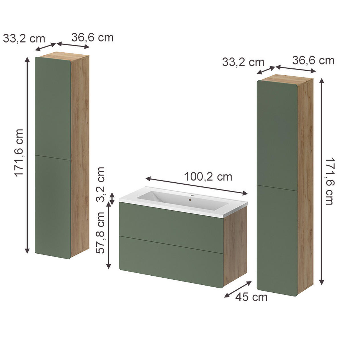 SADA KÚPEĽŇOVÉHO NÁBYTKU Izan, zelená/Dub Goldkraft, 4-dielna - zelená/dub medový, kompozitné drevo (100/57.8/44.6cm) - Vicco