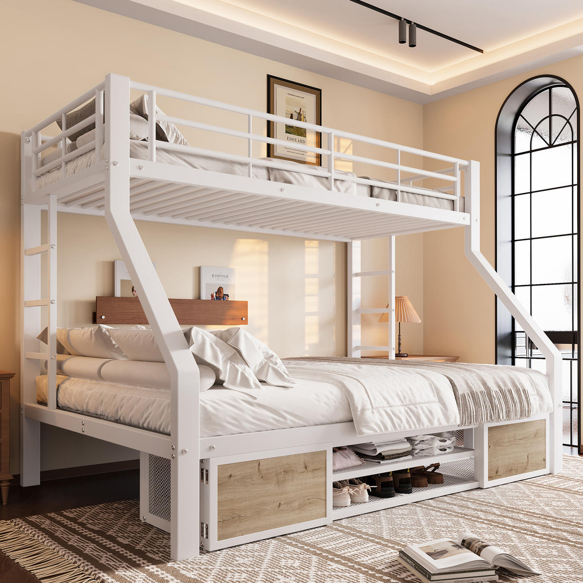 ETAGENBETT 90x200cm + 140x200cm Weiß Kinderbett Schuhschrank EN747 - Weiß, Metall (140/200cm) - FLIEKS
