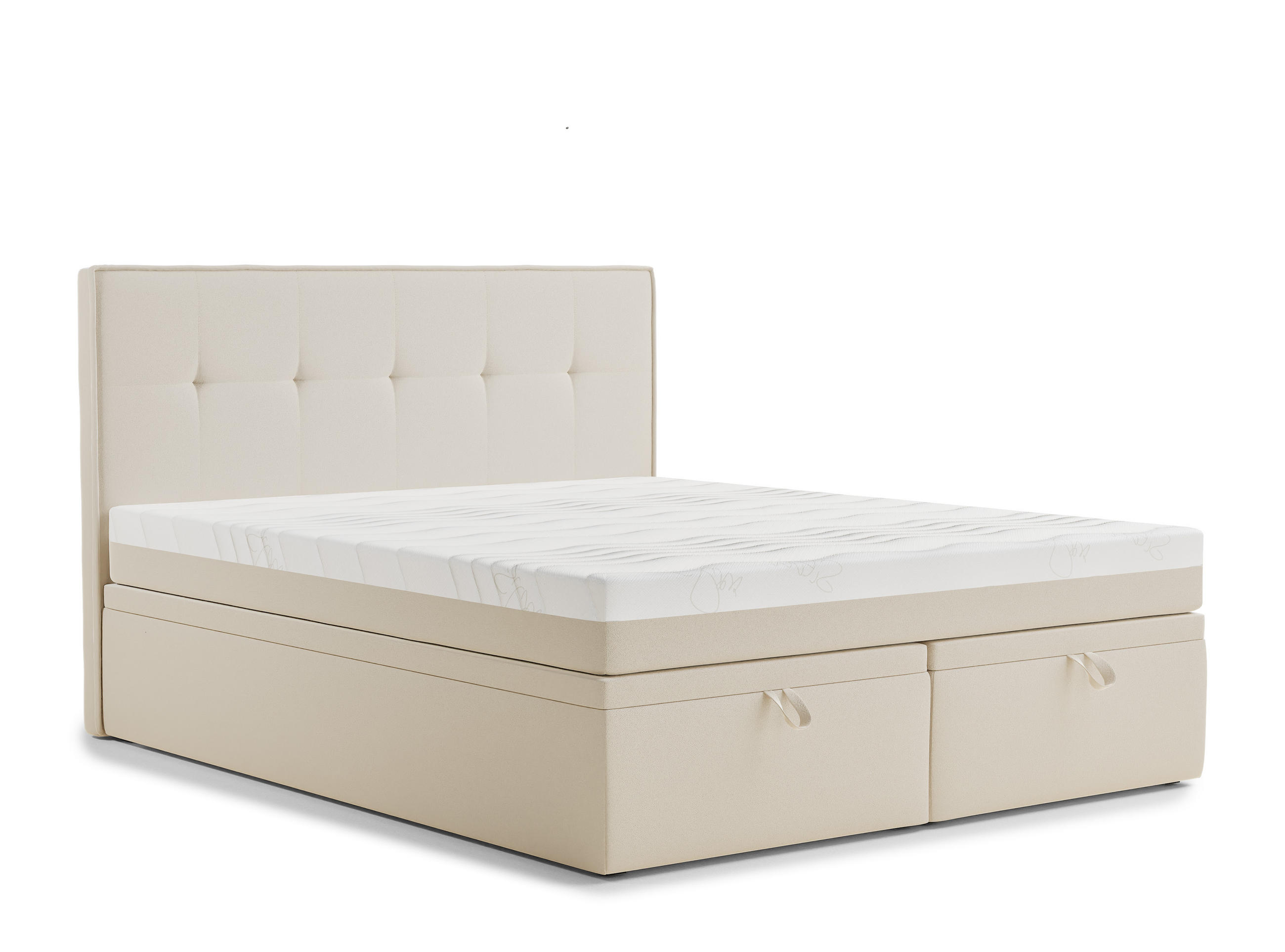 BOXBETT 200/200 cm Comfrey, in Hellbeige, Matratze, gepolstertes Kopfteil, Bettkasten, H3 = fest - Beige/Schwarz, Holz/Holzwerkstoff (200/200cm) - Maison de Reve