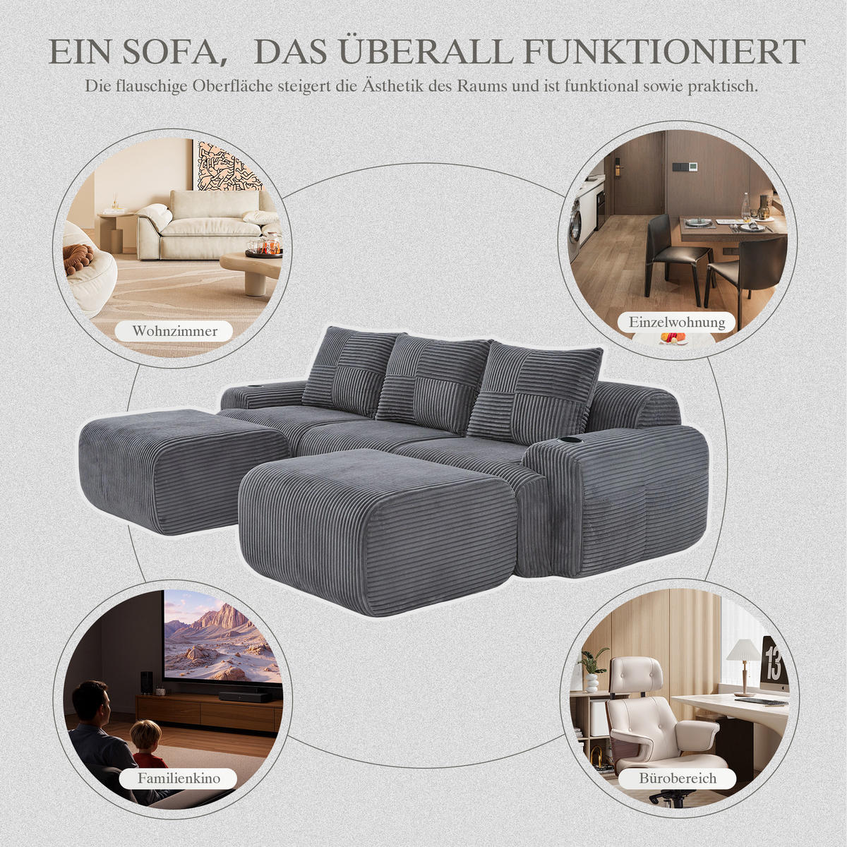 3-SITZER Wohnlandschaft Cord mit Getränkehalter und Seitentasche 268/174/80 cm Dunkelgrau - Dunkelgrau, Textil (174/80/268cm) - Redom