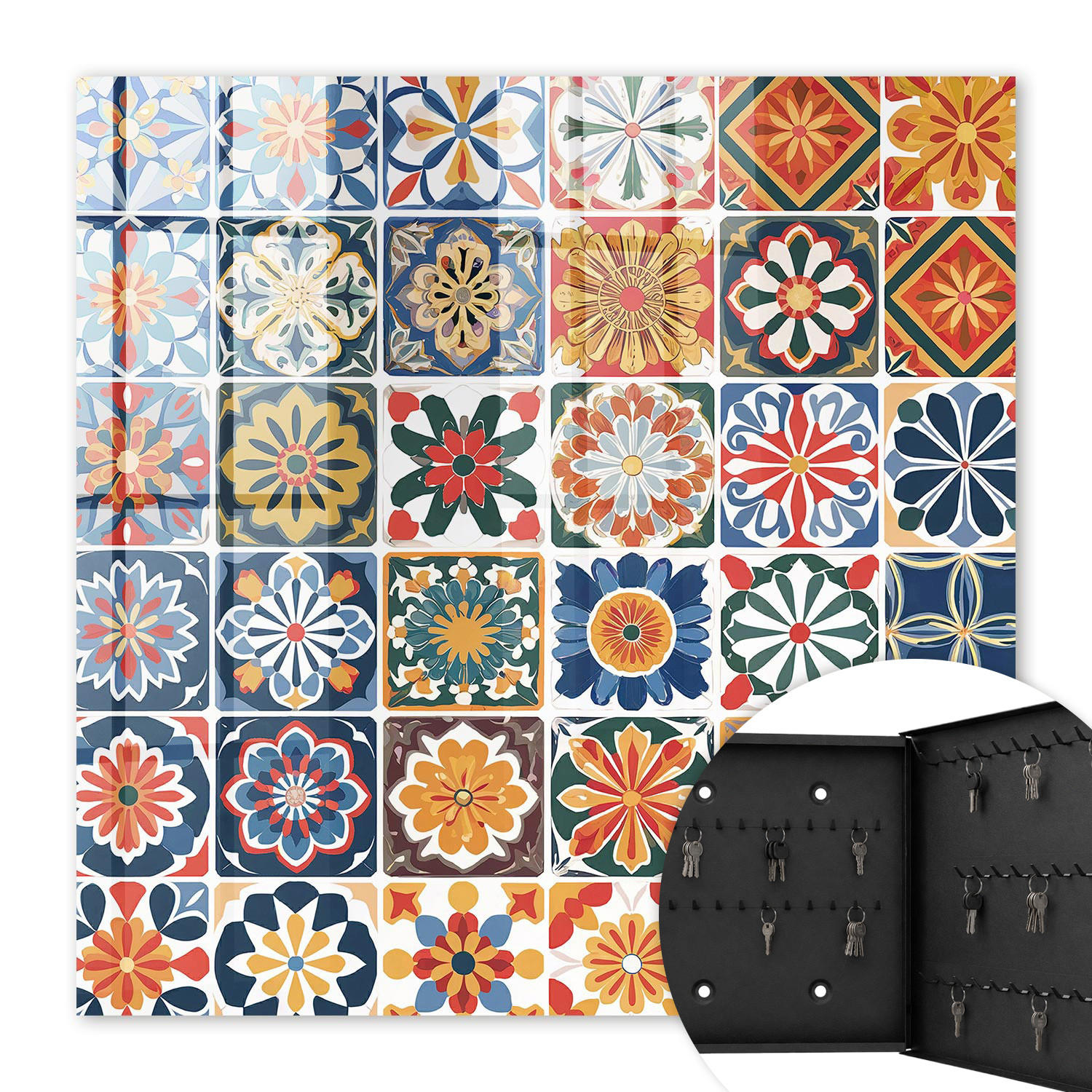 SCHLÜSSELBOX Schwarz 30x30 cm- Türöffnung nach rechts - Bunte Fliesen - Blau, Metall (30/30/5cm) - TULUP