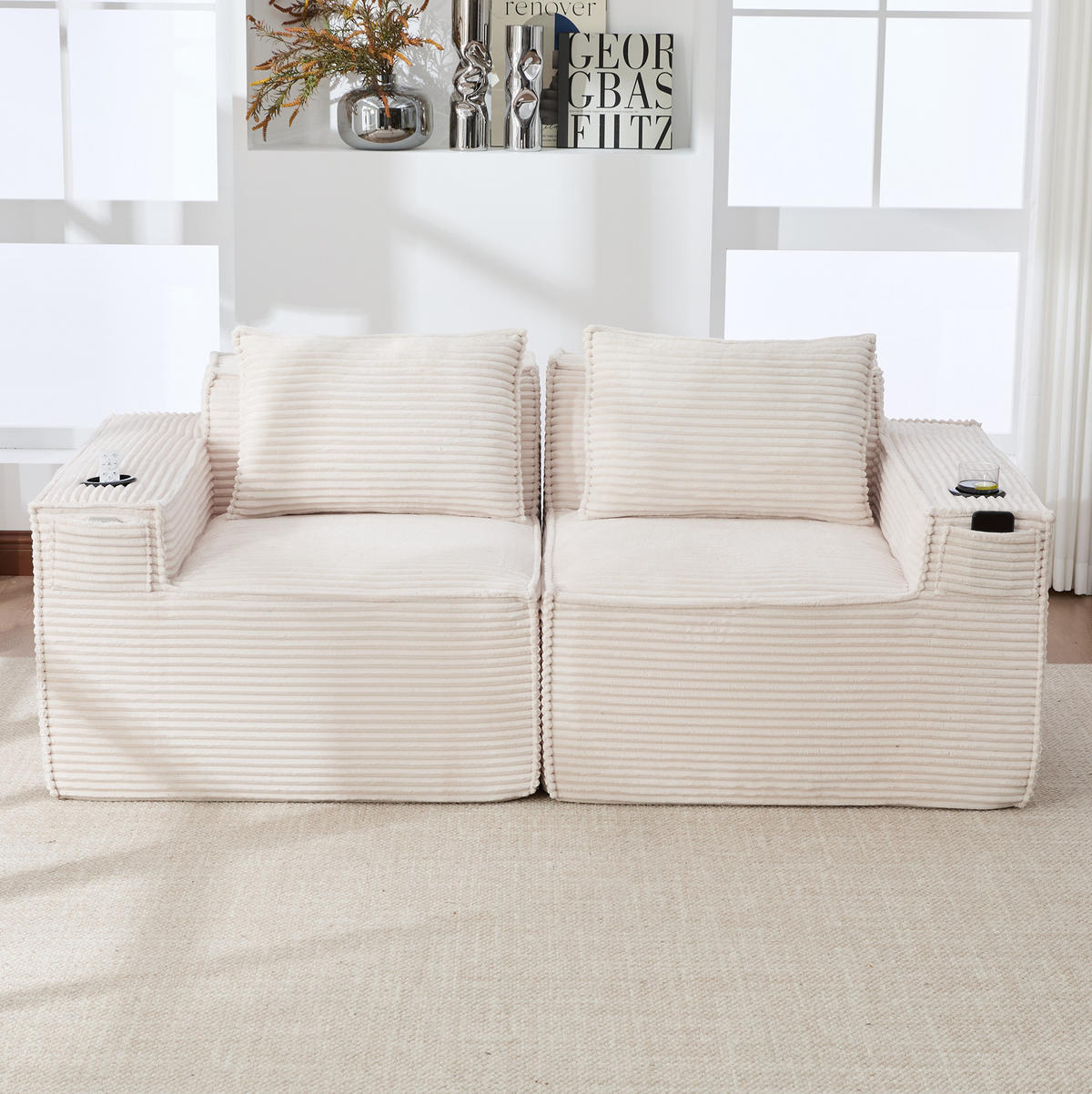 SOFA 2-Sitzer modular mit Getränkehaltern 188 cm Beige - Beige, Kunststoff (188/75/90cm) - Meubliv