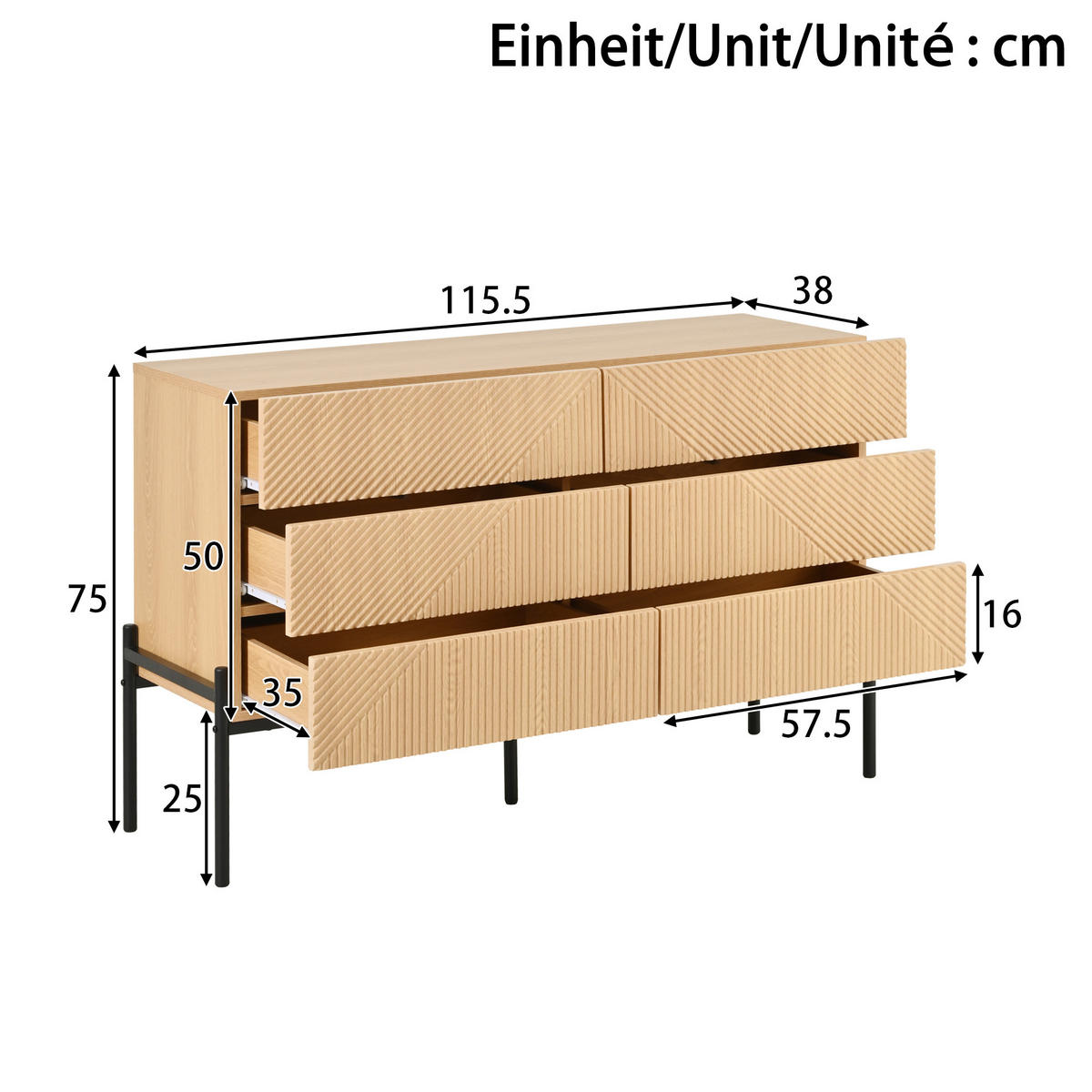 SIDEBOARD in Naturfarben Kommode mit 3D-Textur ,6 Schubladen und viel Stauraum für Wohn- und Esszimmer, B115.5/T38/H75cm - Schwarz/Naturfarben, Holzwerkstoff/Metall (115.5/75/38cm) - STILVORA