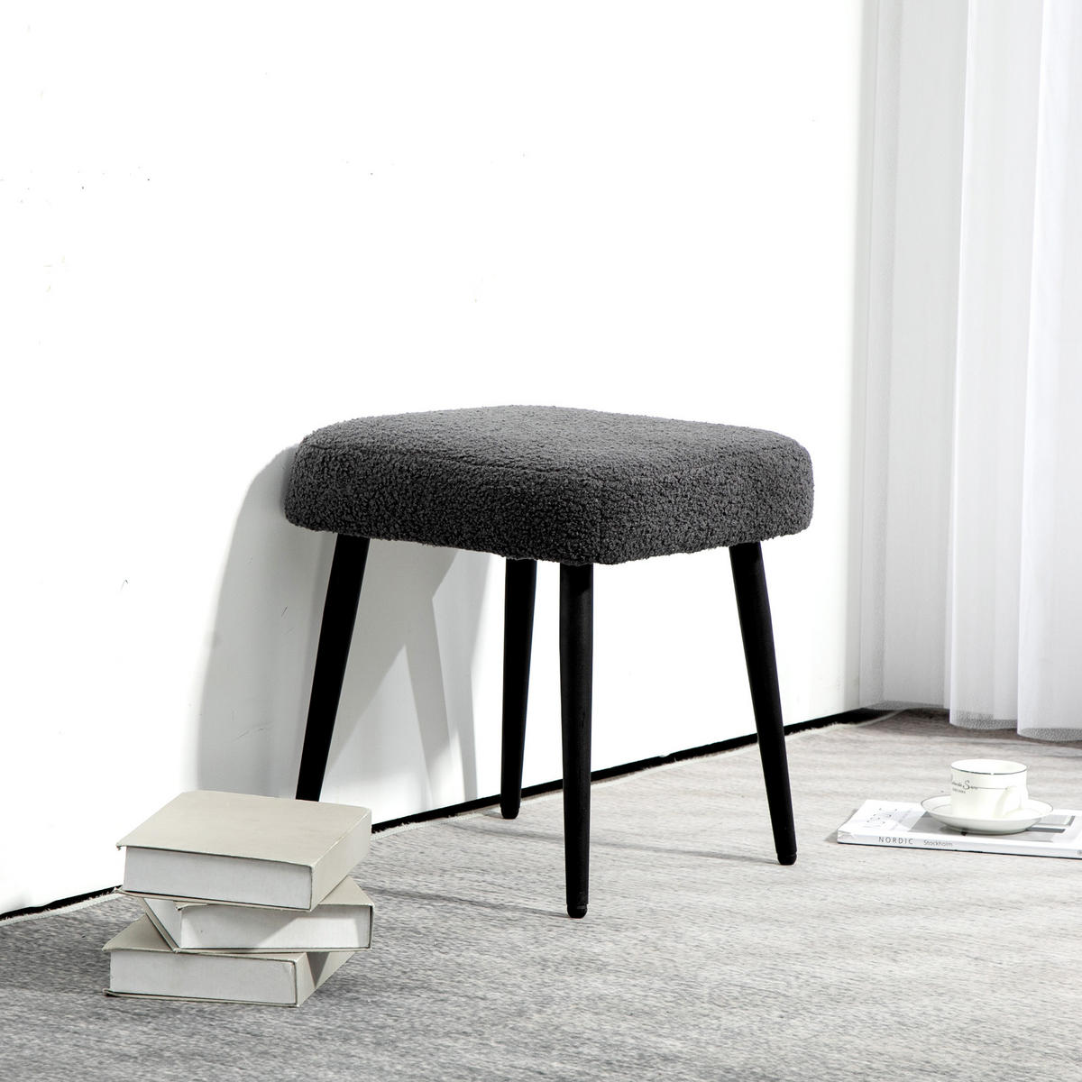 FUSSHOCKER Sitzhocker Quadratischer Schminkhocker mit Kaschmir-Optik, Stahlbeine - Dunkelgrau, Kunststoff (42/44/42cm) - HOMCOM