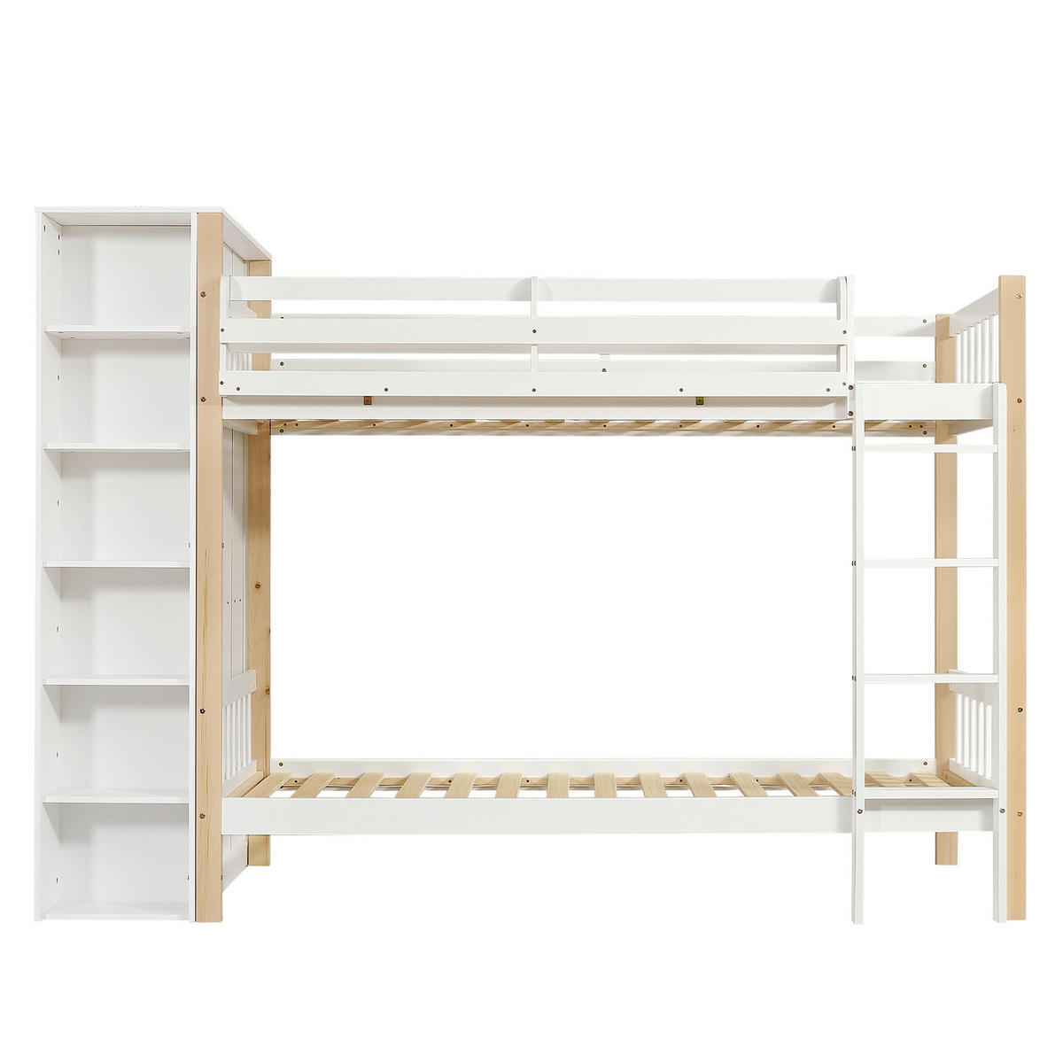ETAGENBETT 90/200 cm in Weiß/Natur mit Kleiderschrank und 6 Regalen - Weiß, Holzwerkstoff (90/200cm) - Flora Grace