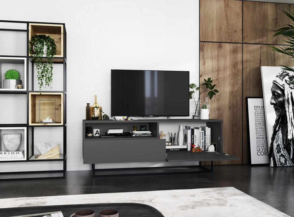 TV-SCHRANK Enjoy Graphit matt mit Metallrahmen Schublade 120 cm - Schwarz/Grau, Holzwerkstoff/Metall (120/46/35cm) - Meble Lindner