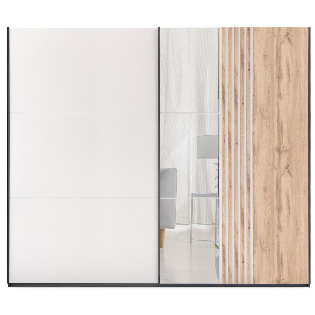 SCHWEBETÜRENSCHRANK Evia mit 2 Türen und Spiegel, 250 cm - Eiche Wotan/Schwarz, Holzwerkstoff (250/215/65cm) - Beautysofa