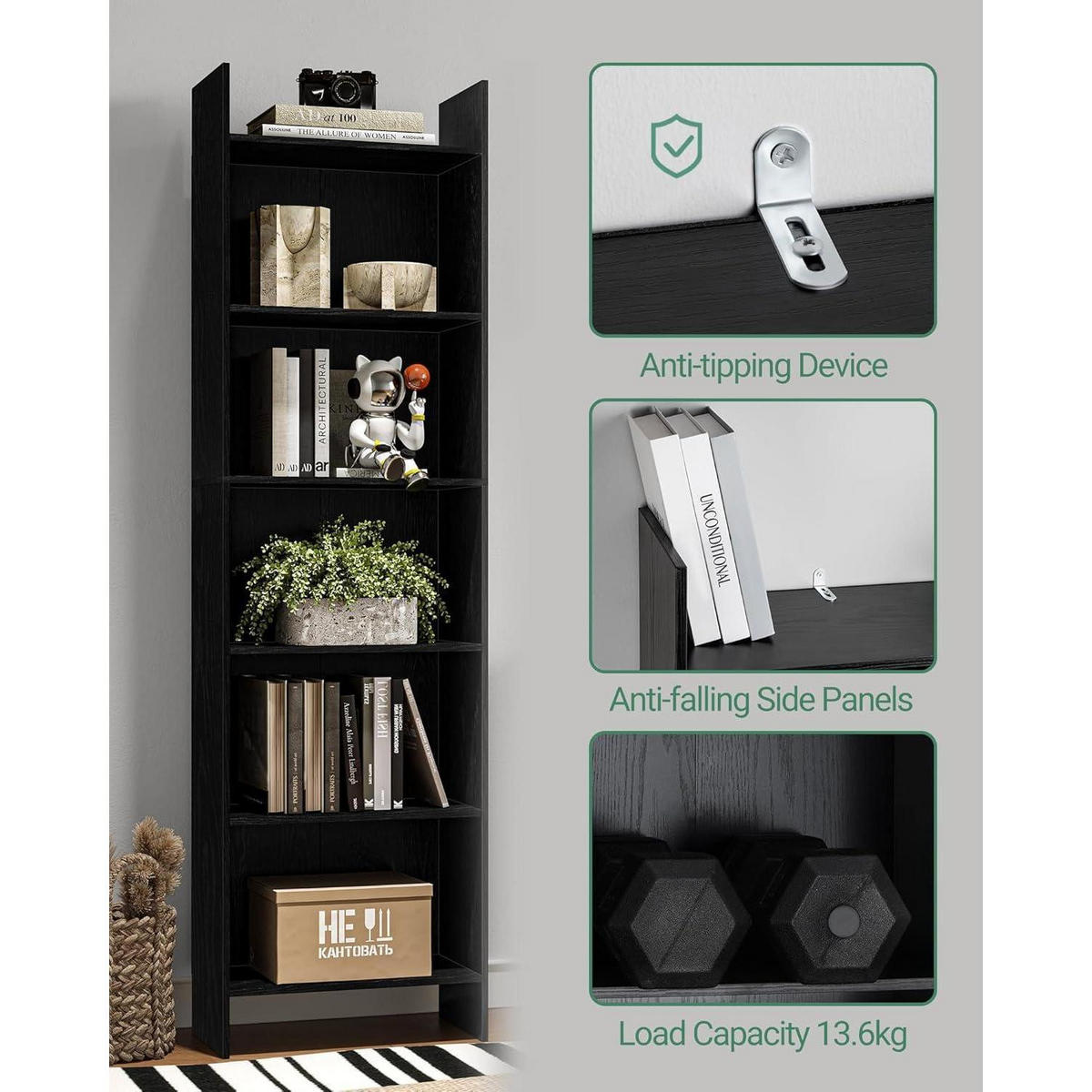 BÜCHERREGAL Standregal 6 Fächer Schwarz 24 x 48 x 170 cm - Schwarz, Holzwerkstoff (48/170/24cm)
